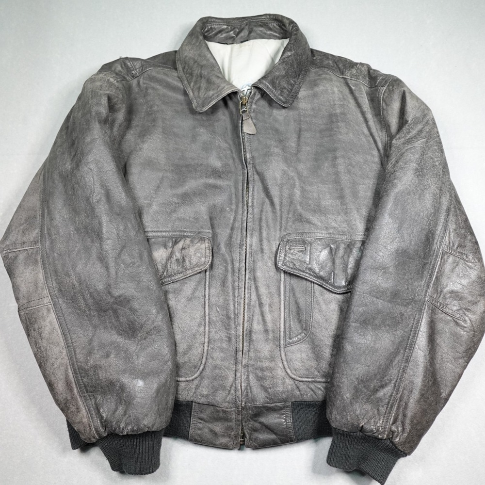 Vintage Members Only Jacket Mens 42 Gray Leather Horizon Express Bomber 90s Y2K